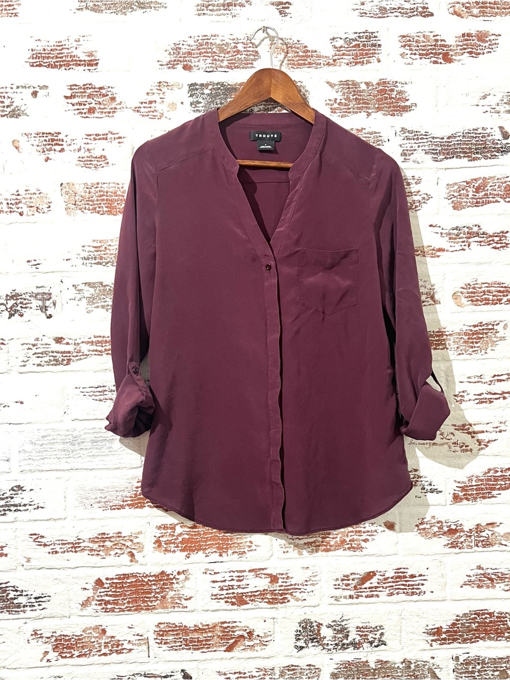 Trouve Silk Blouse Shirt Plum Wine Button Up V Neck Dark Academia Sz S